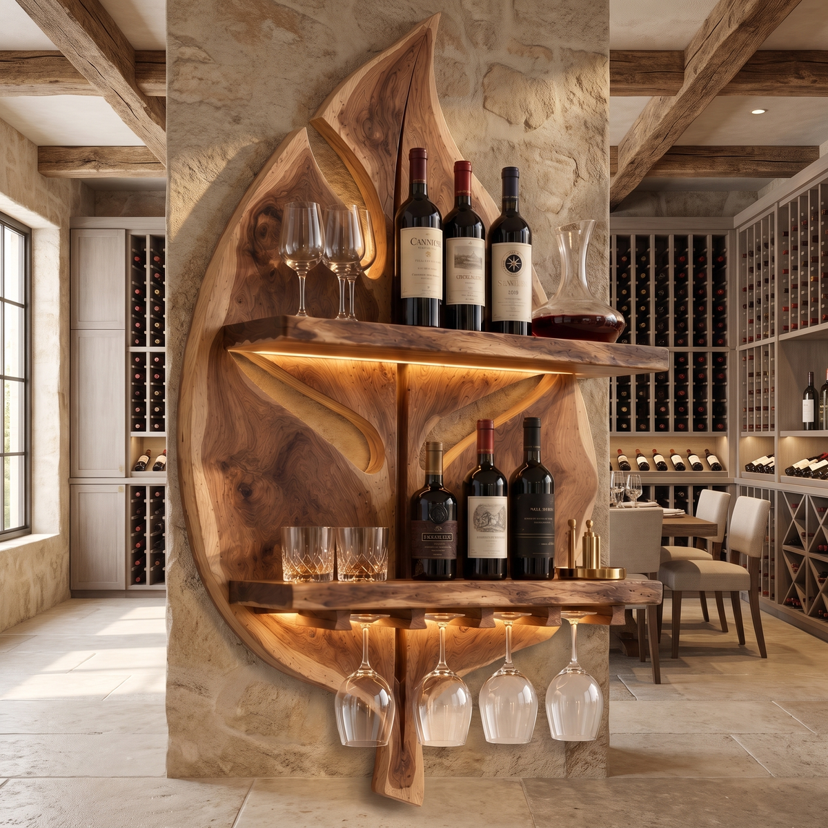 Aelidrin Leaf-Form Sculpted Handcrafted Floating Wine Shelf by Timberustic — Brown finish
