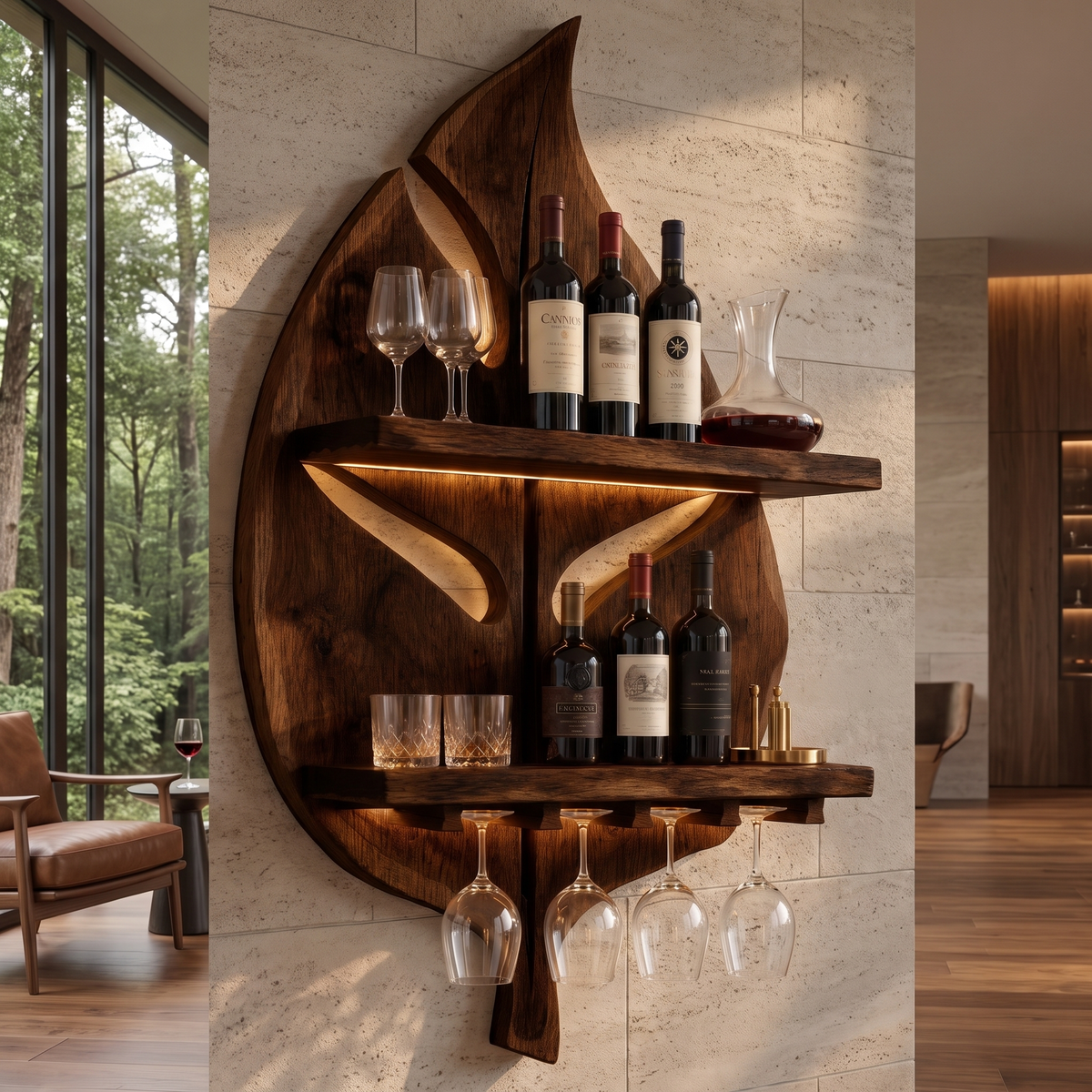 Aelidrin Leaf-Form Sculpted Handcrafted Floating Wine Shelf by Timberustic — Dark Walnut finish