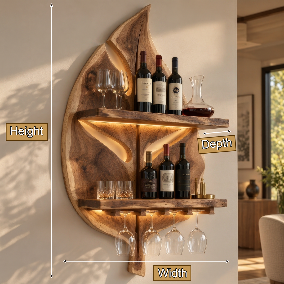Aelidrin Leaf-Form Sculpted Handcrafted Floating Wine Shelf by Timberustic — product dimensions