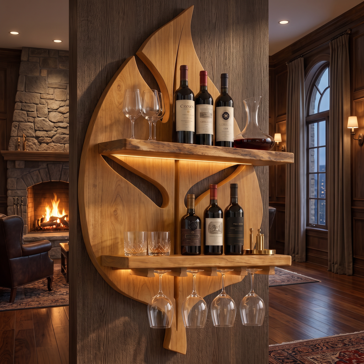 Aelidrin Leaf-Form Sculpted Handcrafted Floating Wine Shelf by Timberustic — Teak finish