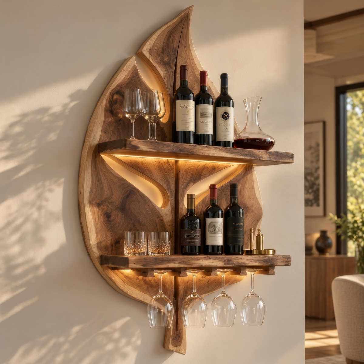 Aelidrin Leaf-Form Sculpted Handcrafted Floating Wine Shelf by Timberustic — overall product view