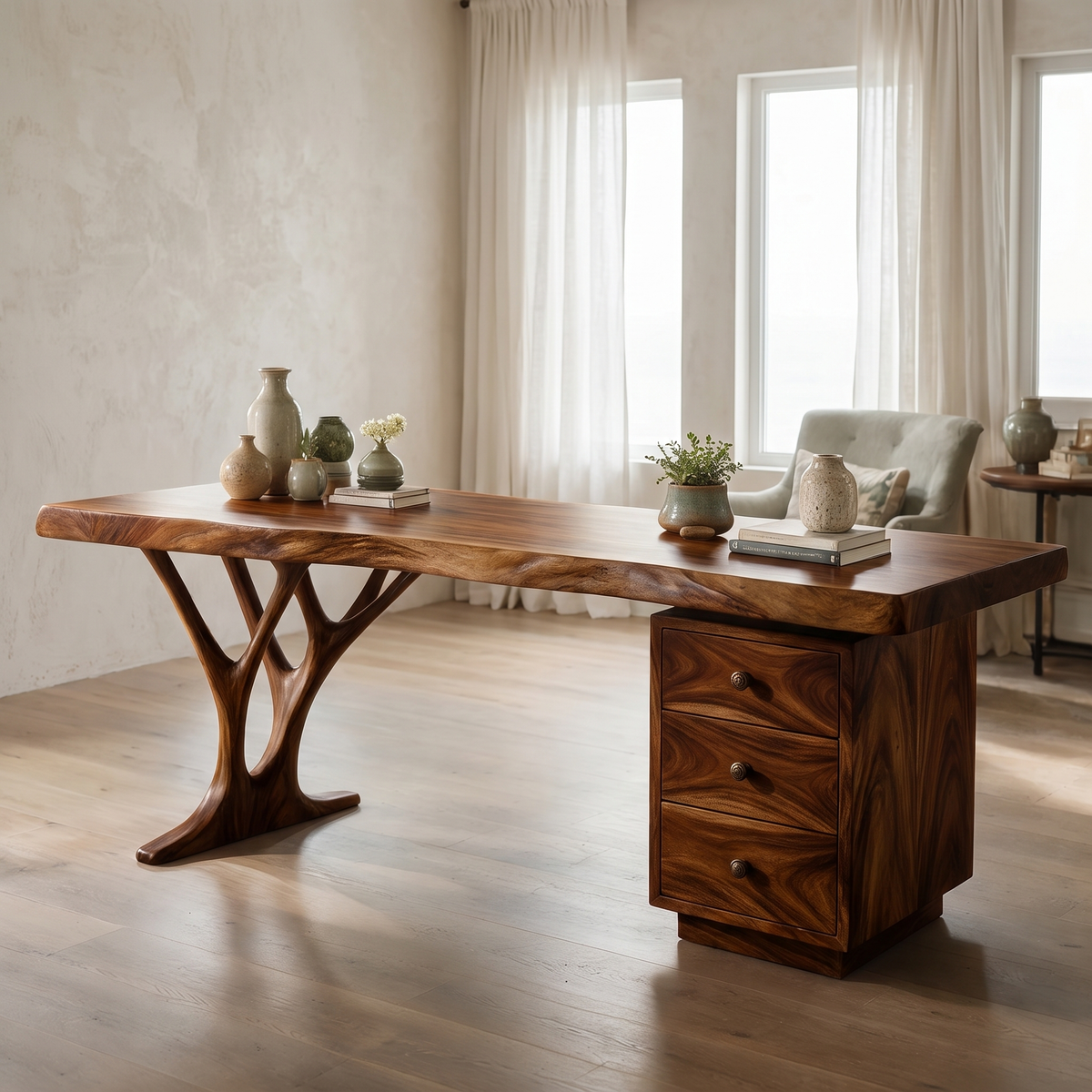 Aelimere Live Edge Branch Base Handcrafted Desk With Drawers by Timberustic — Brown finish
