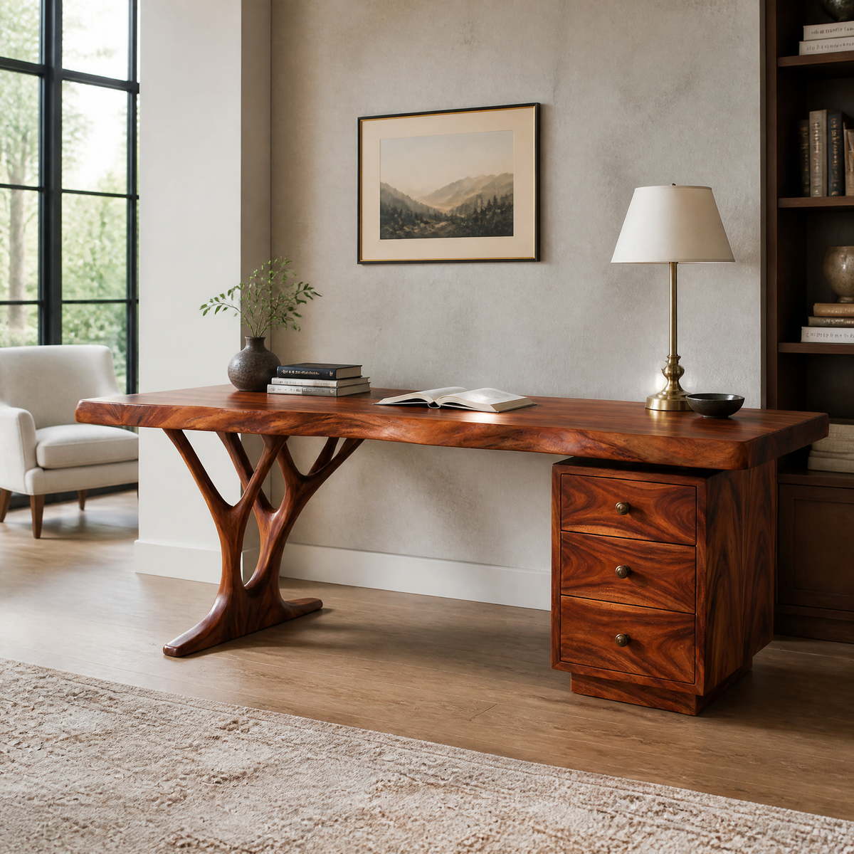 Aelimere Live Edge Branch Base Handcrafted Desk With Drawers by Timberustic — Mahogany finish