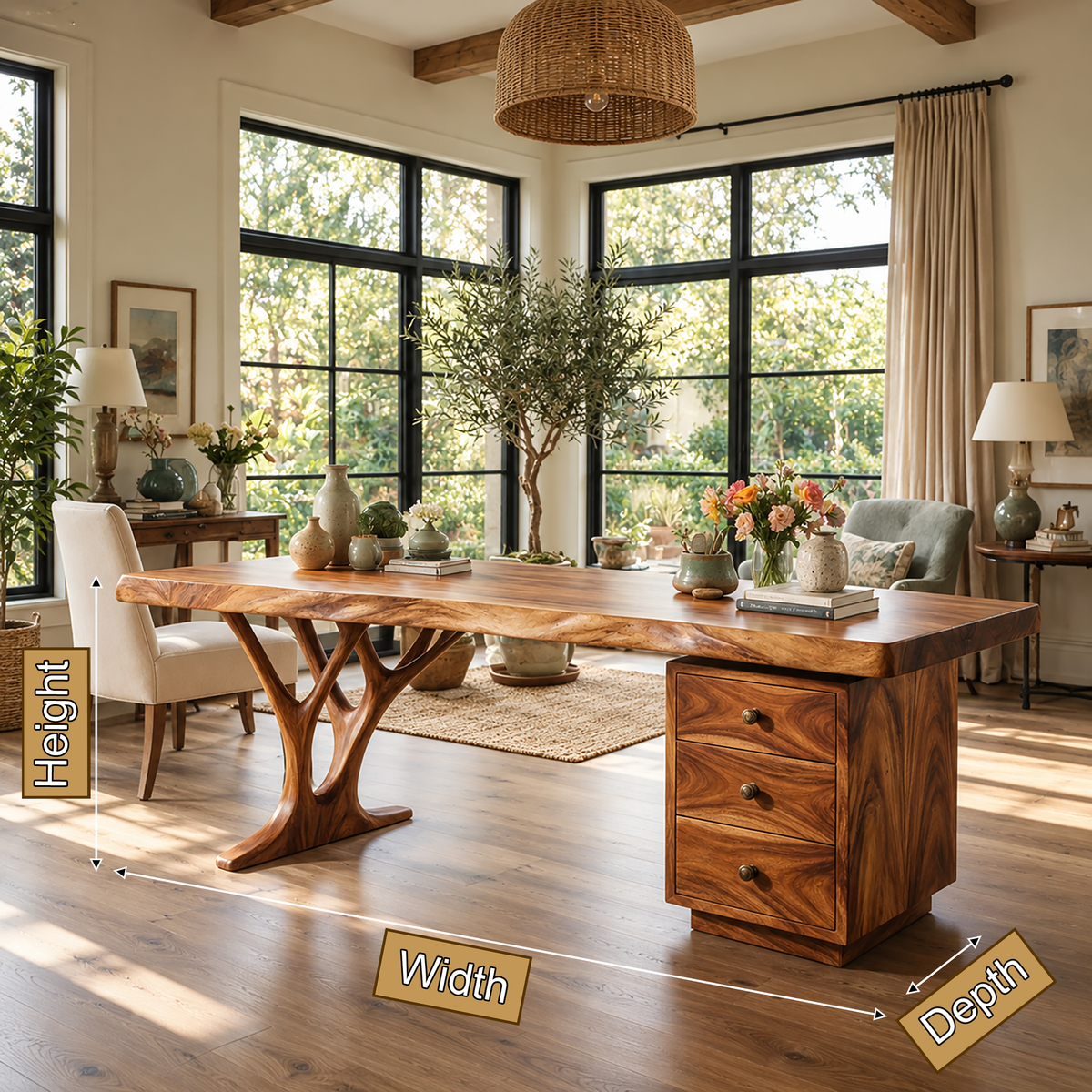 Aelimere Live Edge Branch Base Handcrafted Desk With Drawers by Timberustic — product dimensions