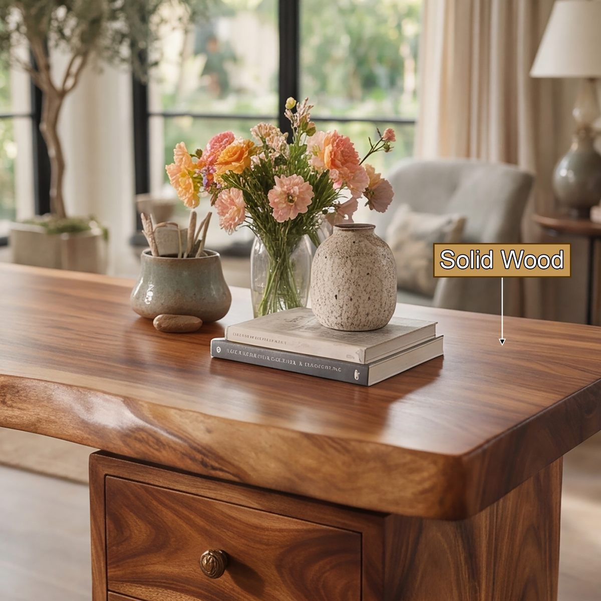 Aelimere Live Edge Branch Base Handcrafted Desk With Drawers by Timberustic — solid wood detail