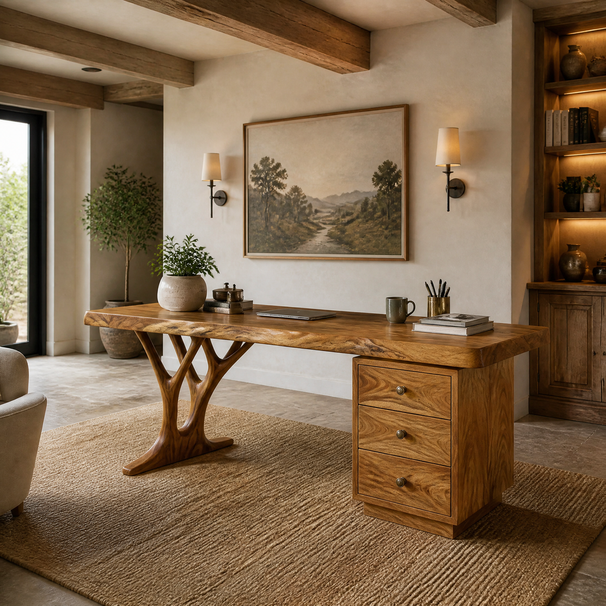 Aelimere Live Edge Branch Base Handcrafted Desk With Drawers by Timberustic — Teak finish