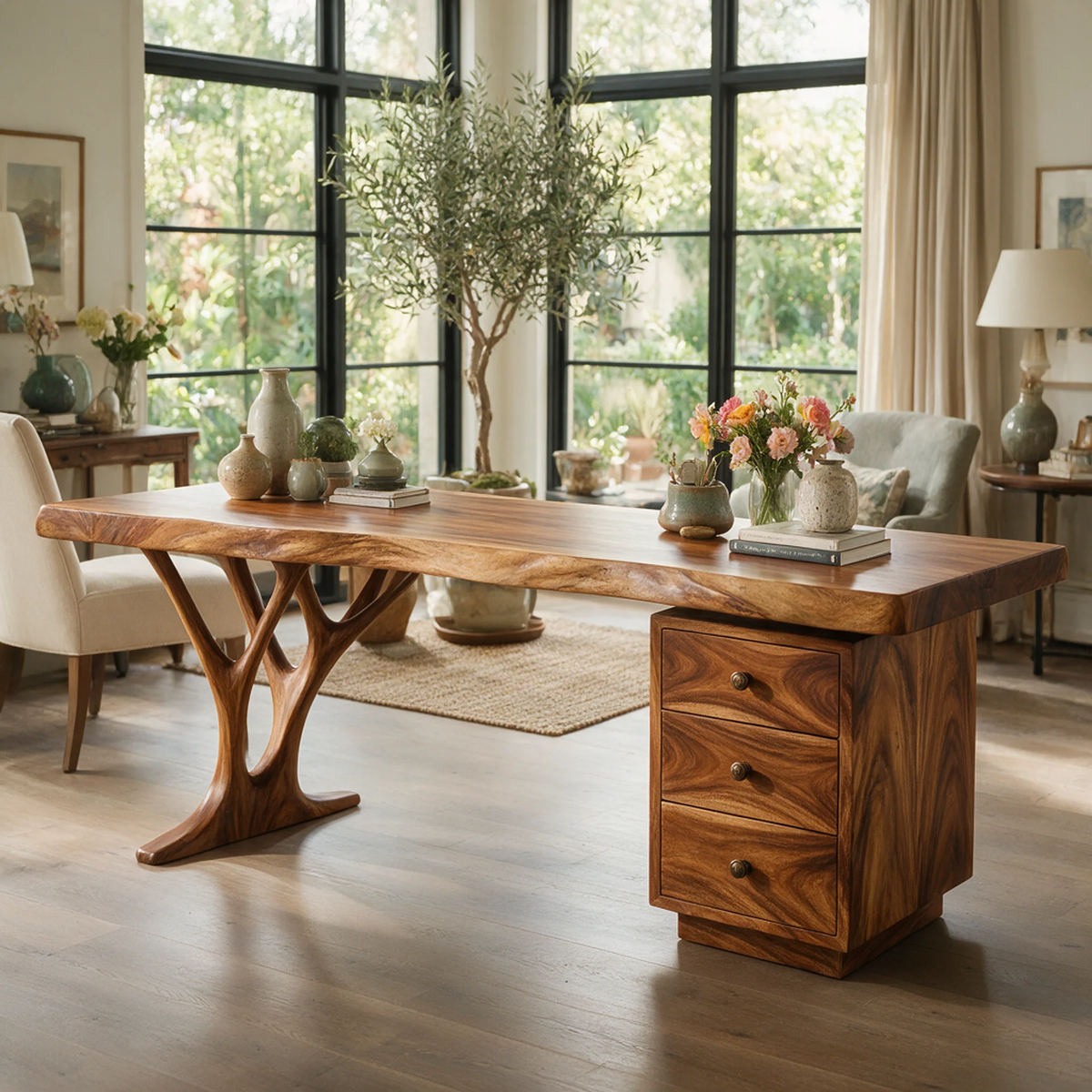 Aelimere Live Edge Branch Base Handcrafted Desk With Drawers by Timberustic — overall product view