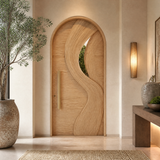 Aelirien Arched Flowing Ribbon Sculpted Handcrafted Door by Timberustic — Natural Oak finish