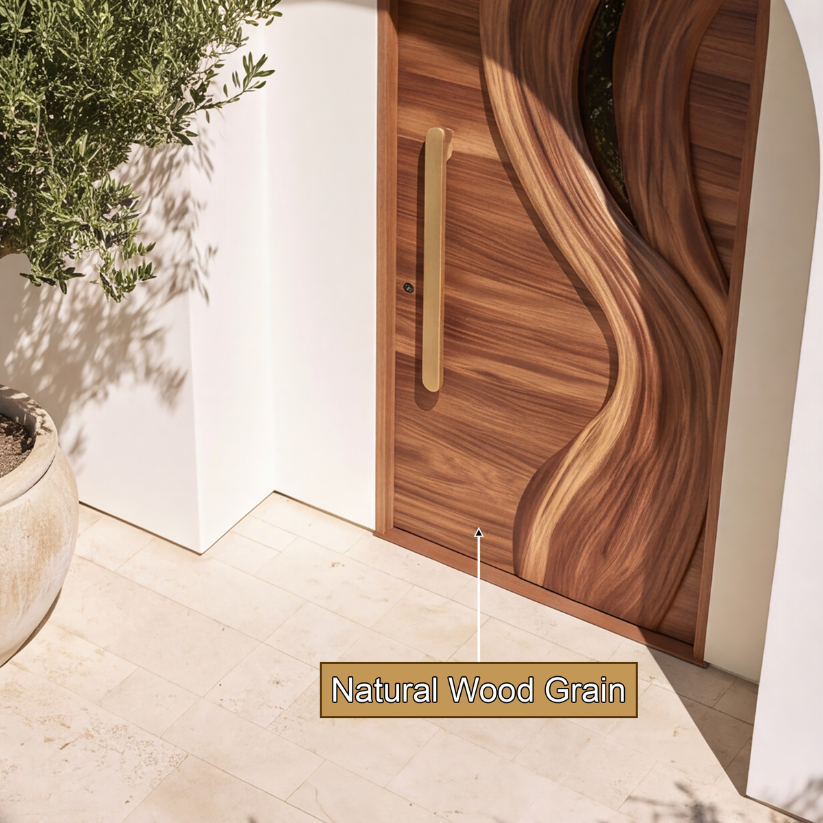 Aelirien Arched Flowing Ribbon Sculpted Handcrafted Door by Timberustic — natural wood grain detail