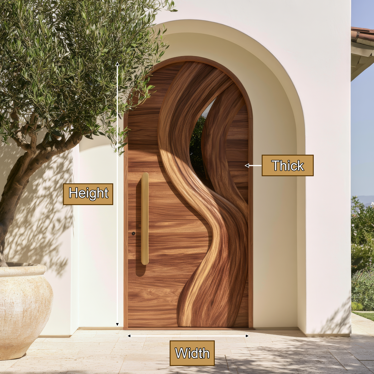 Aelirien Arched Flowing Ribbon Sculpted Handcrafted Door by Timberustic — product dimensions