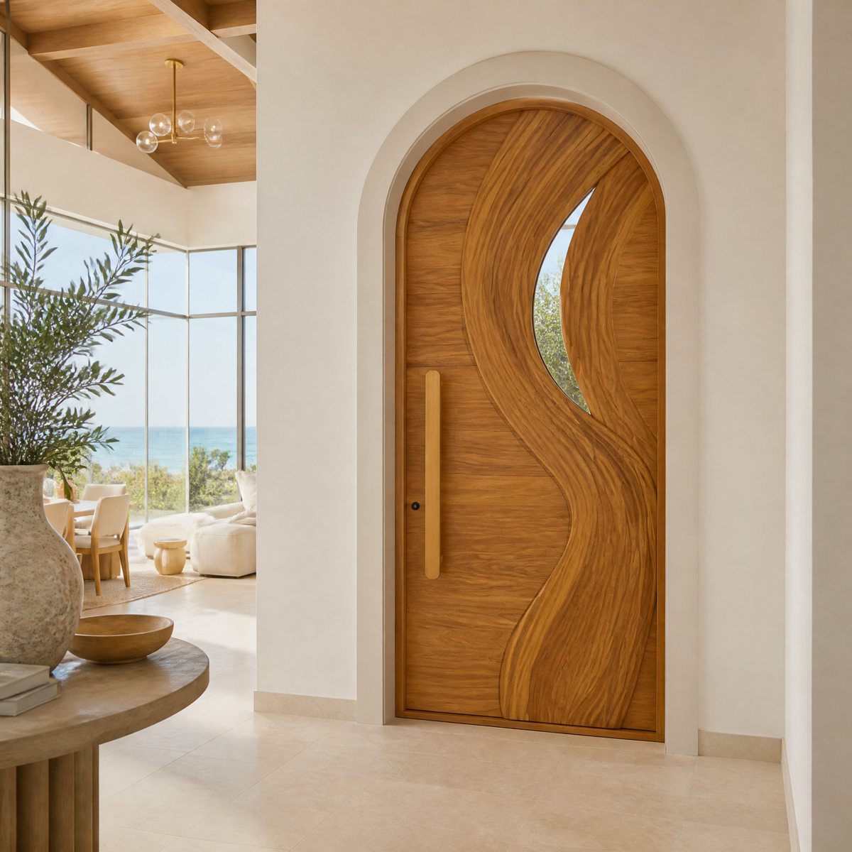 Aelirien Arched Flowing Ribbon Sculpted Handcrafted Door by Timberustic — Teak finish