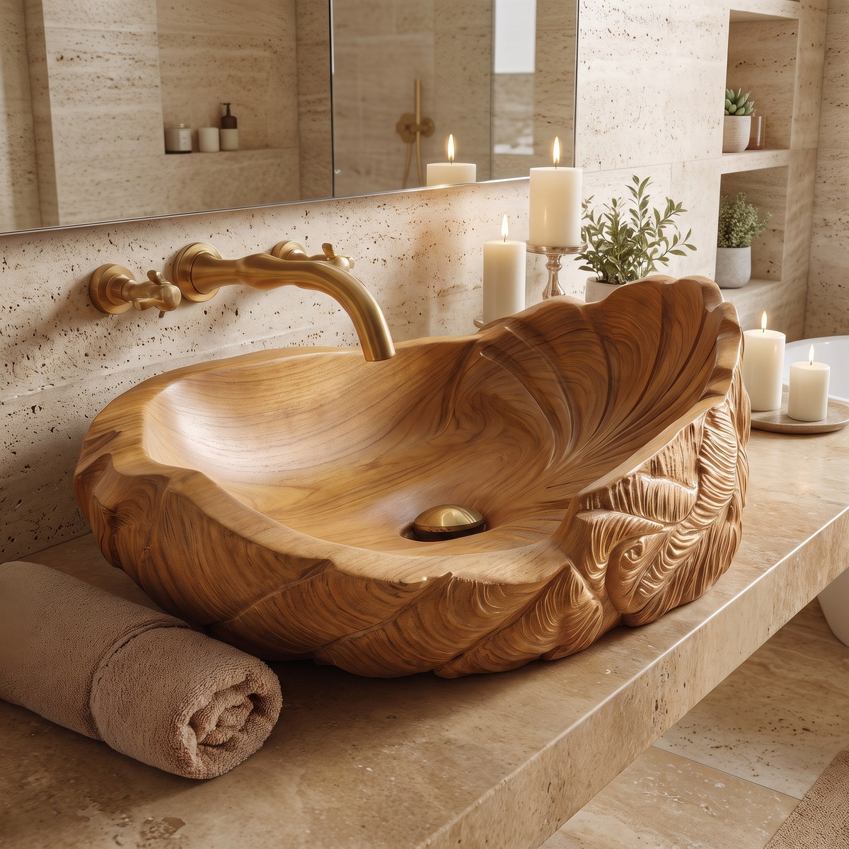 Aelivale Sculpted Leaf Form Handcrafted Vessel Sinks Teak - Timberustic Vessel Sinks