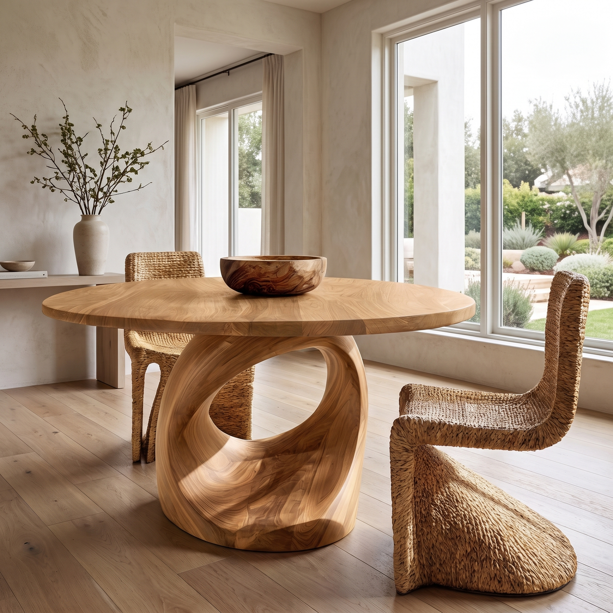 Aelivella Round Sculpted Loop Base Handcrafted Round Dining Table by Timberustic — Natural Oak finish