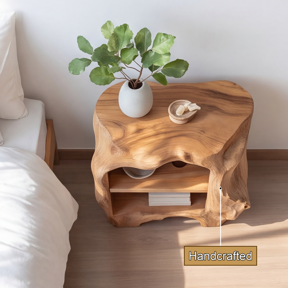 Aelodell Sculpted Frame Handcrafted Bedside Table by Timberustic — handcrafted details