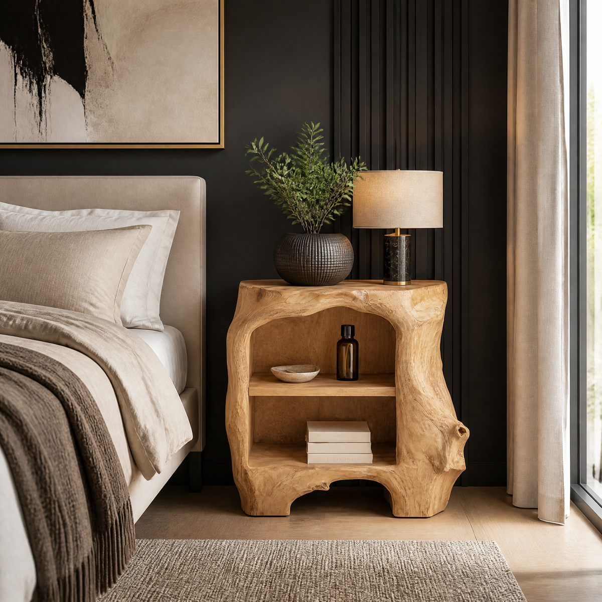 Aelodell Sculpted Frame Handcrafted Bedside Table by Timberustic — Natural Oak finish