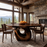 Aelolora Round Sculpted Loop Pedestal Handcrafted Round Dining Table by Timberustic — Dark Walnut finish
