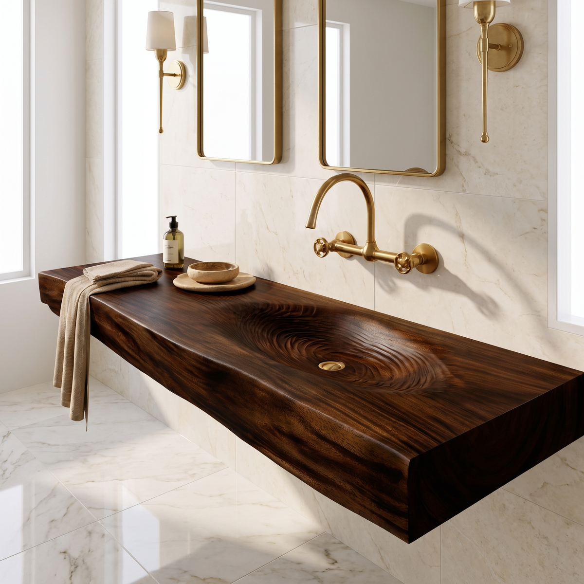 Aelorell Live Edge Handcrafted Floating Bathroom Vanity with Integrated Sink by Timberustic — Dark Walnut finish