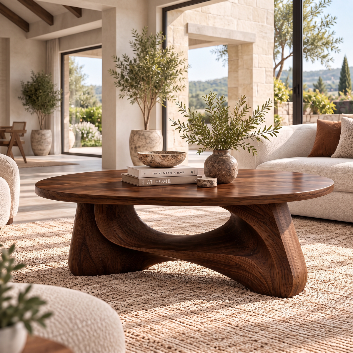 Aelowyn Oval-Top Sculpted Handcrafted Coffee Table by Timberustic — Dark Walnut finish