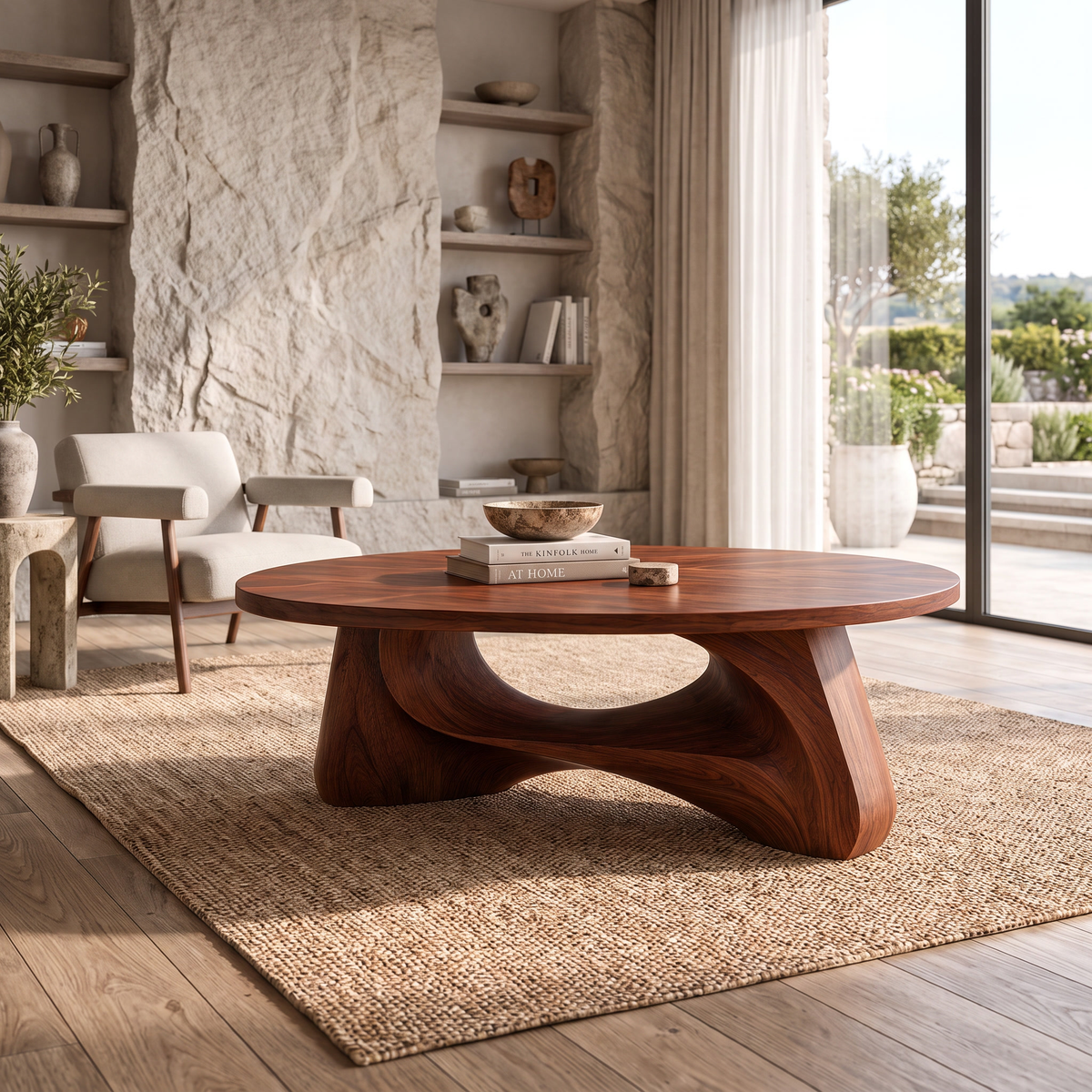 Aelowyn Oval-Top Sculpted Handcrafted Coffee Table by Timberustic — Mahogany finish