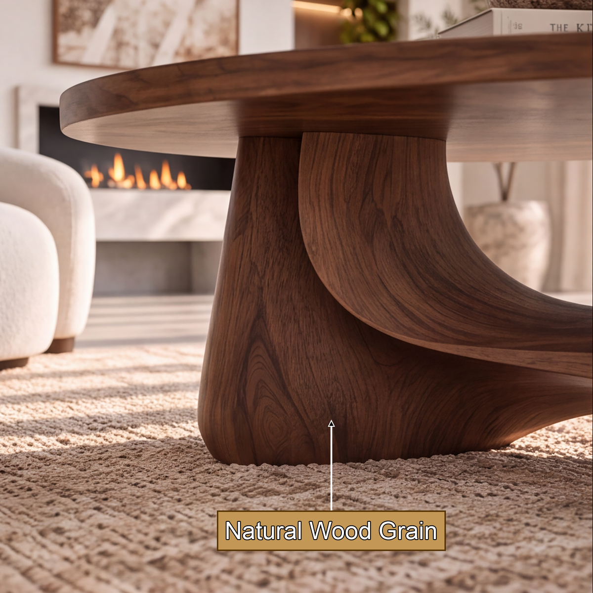 Aelowyn Oval-Top Sculpted Handcrafted Coffee Table by Timberustic — natural wood grain detail