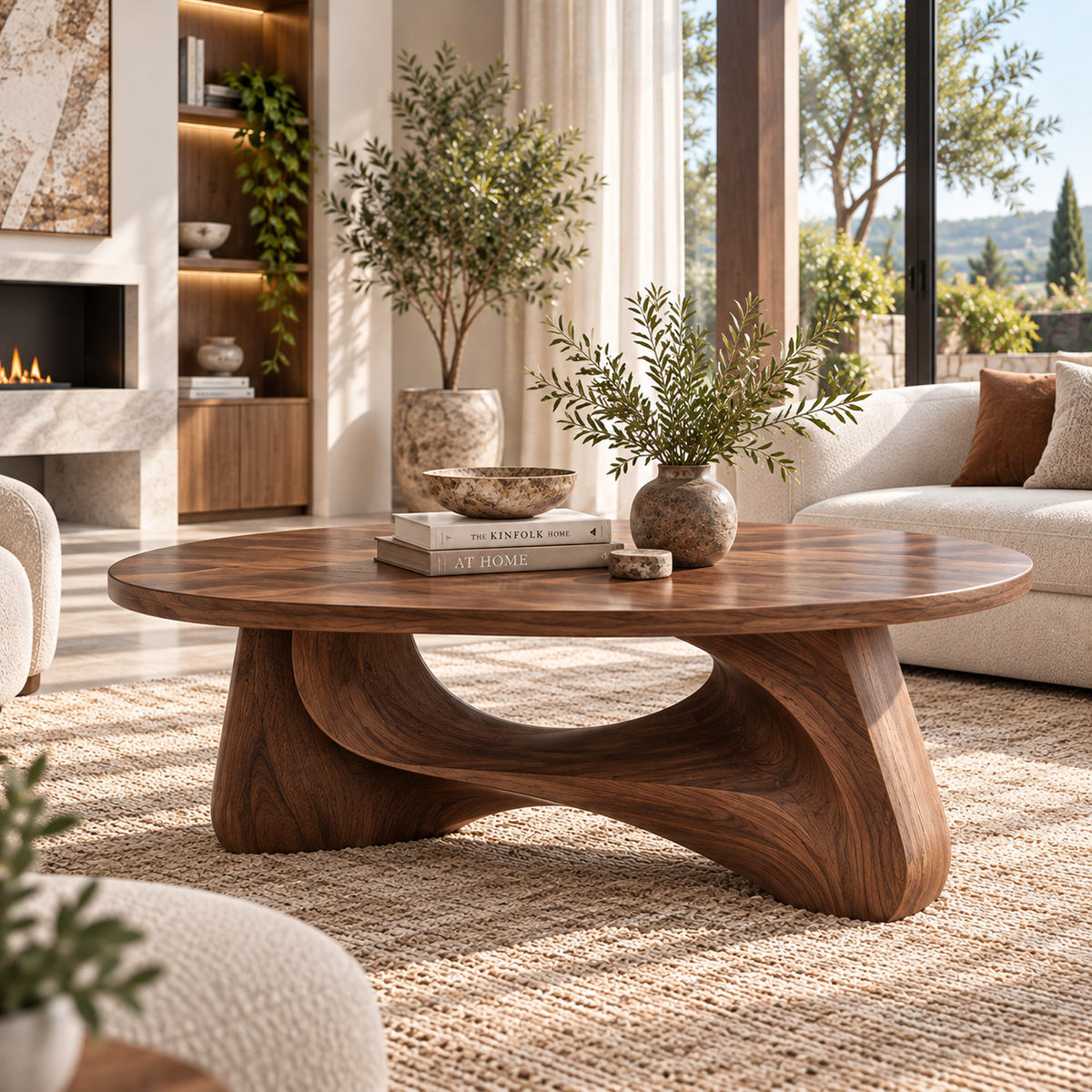 Aelowyn Oval-Top Sculpted Handcrafted Coffee Table by Timberustic — overall product view