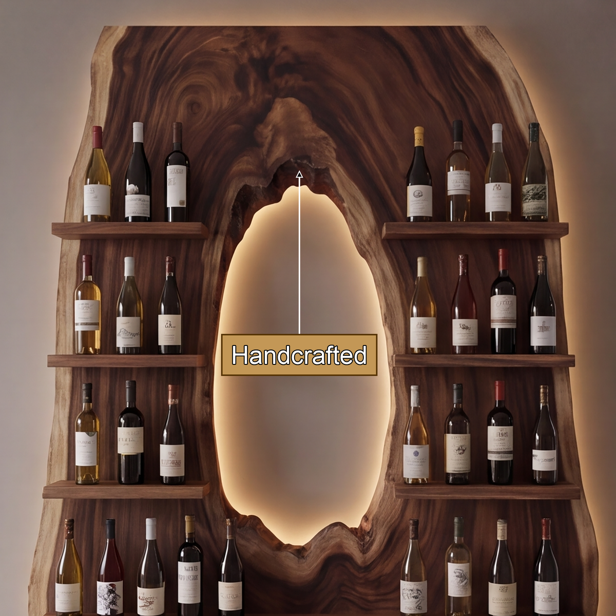 Aurevano Arched Live Edge Handcrafted Floating Wine Shelf by Timberustic — handcrafted details