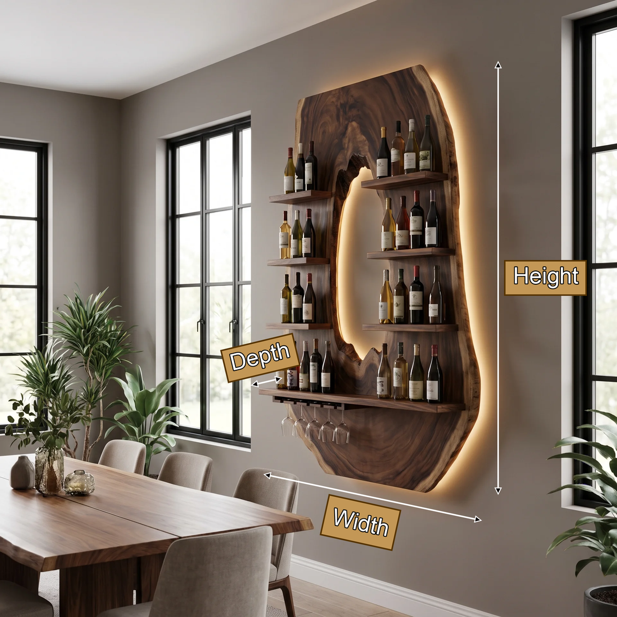 Aurevano Arched Live Edge Handcrafted Floating Wine Shelf by Timberustic — product dimensions