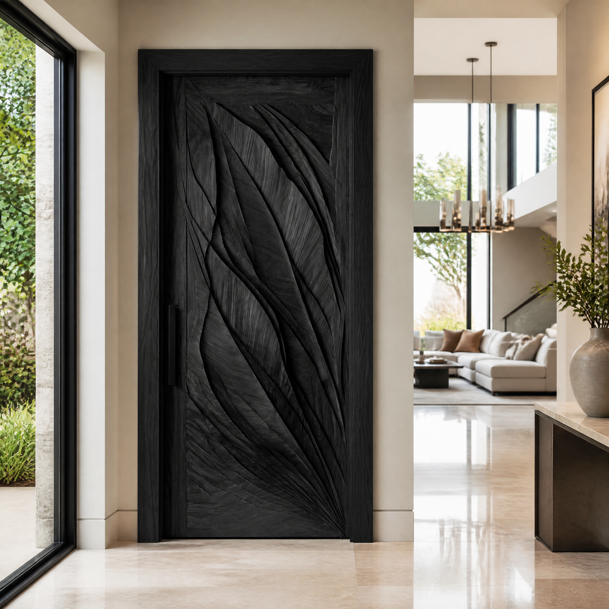 Avelune Flowing Leaf Sculpted Handcrafted Door by Timberustic — Black finish