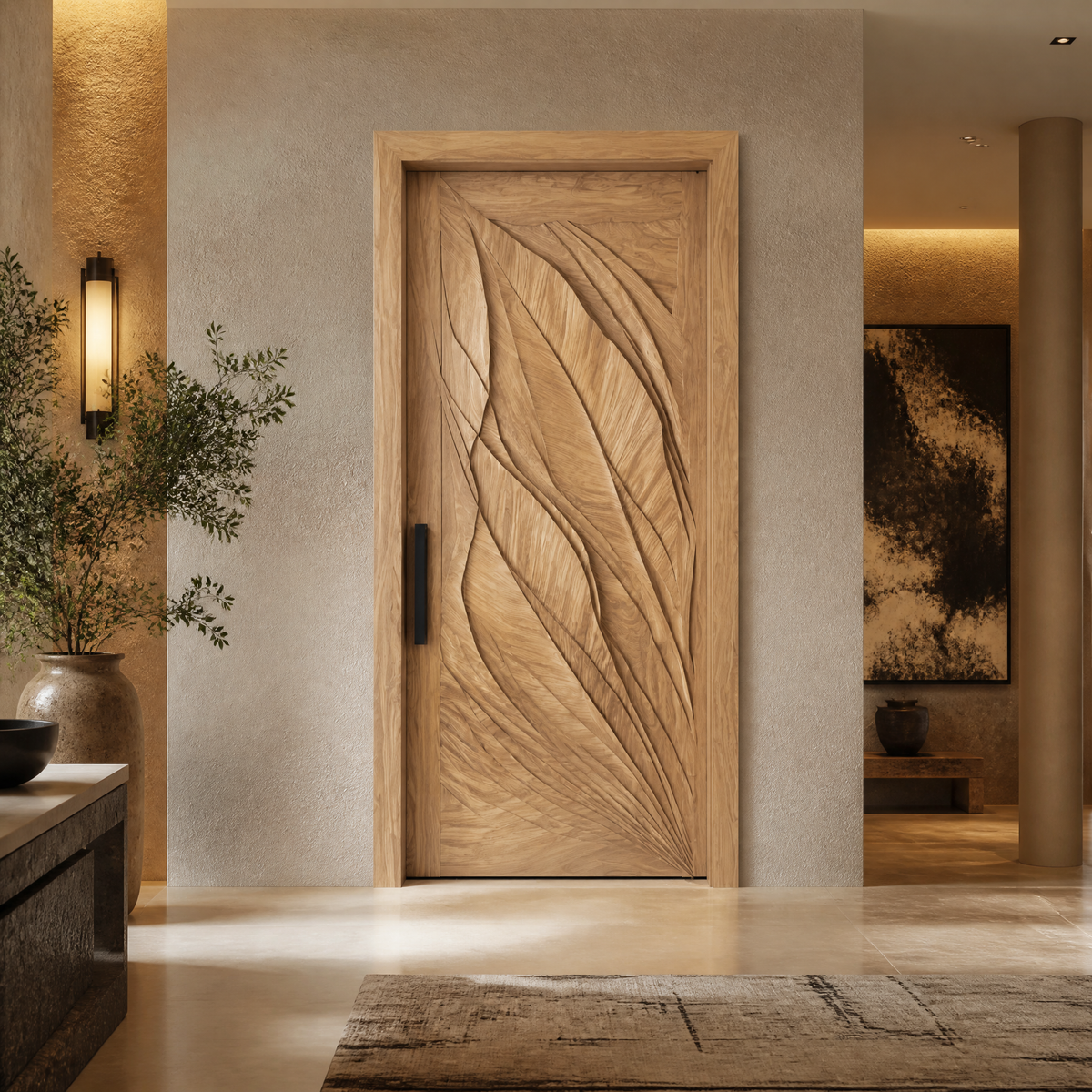 Avelune Flowing Leaf Sculpted Handcrafted Door by Timberustic — Natural Oak finish