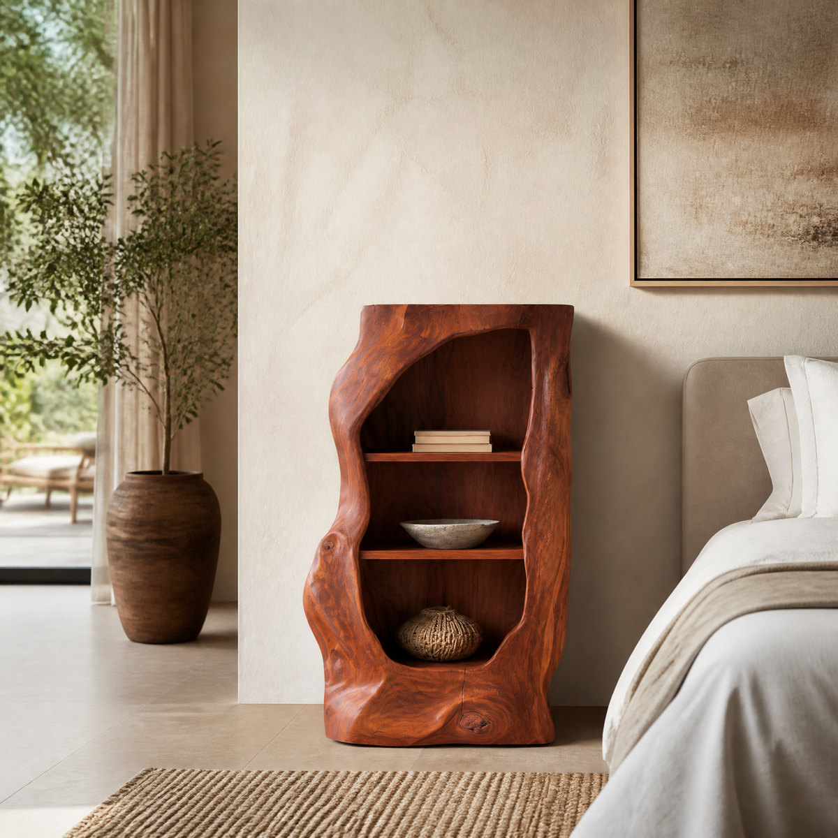Avenlo Asymmetrical Sculpted Handcrafted Nightstand by Timberustic — Mahogany finish