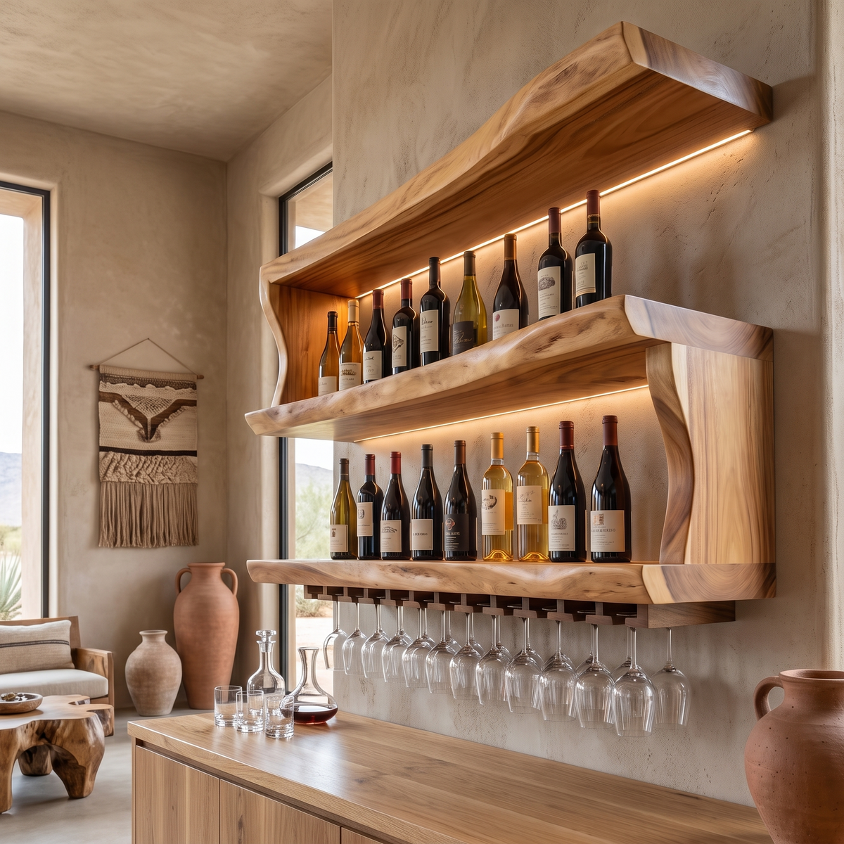Averique Live Edge Floating Wine Shelf by Timberustic — Natural Oak finish