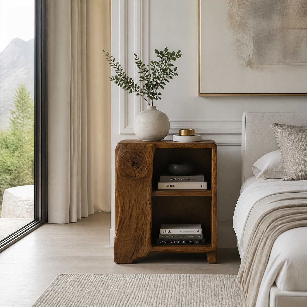 Averlo Asymmetric Open-Shelf Handcrafted Nightstand by Timberustic — Brown finish