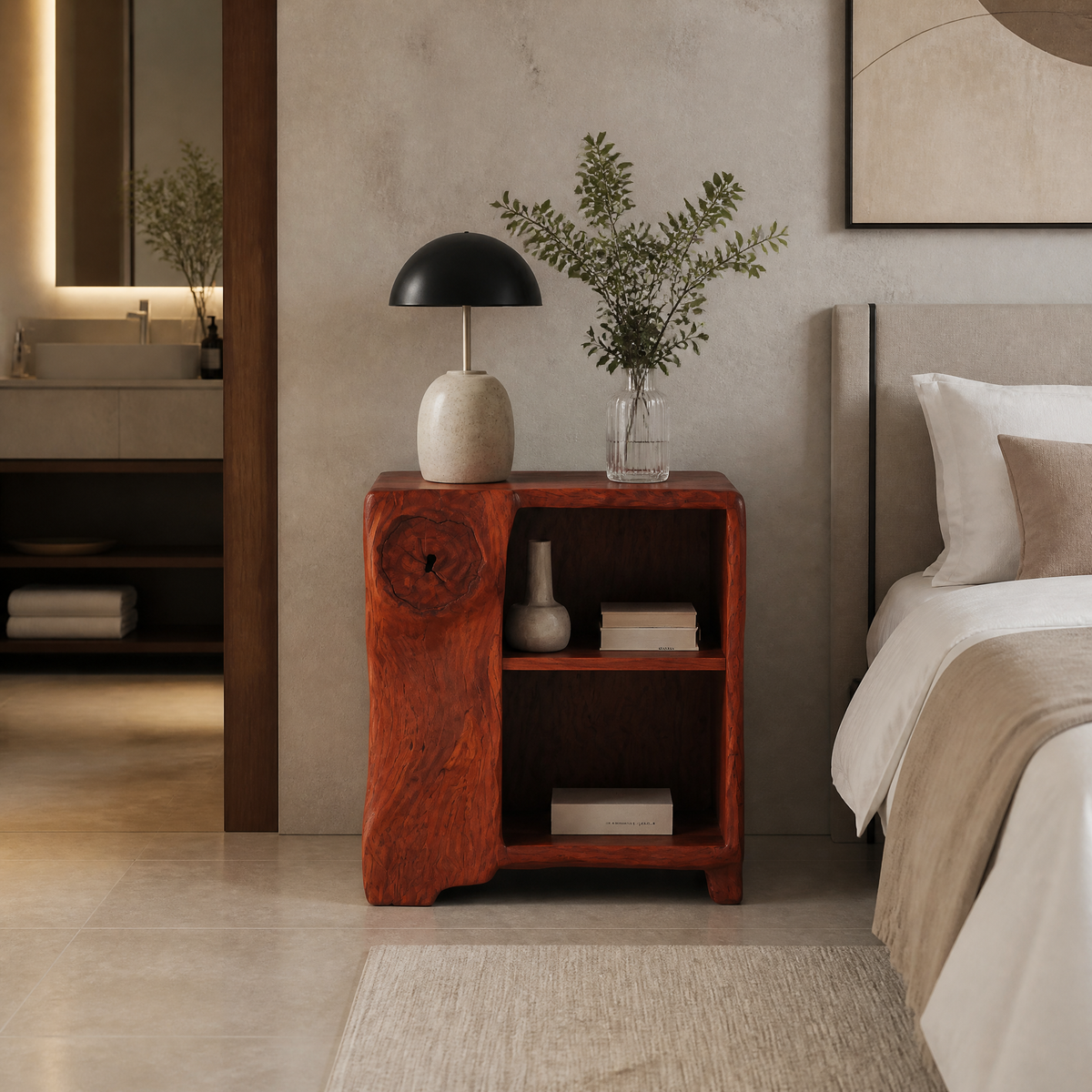 Averlo Asymmetric Open-Shelf Handcrafted Nightstand by Timberustic — Mahogany finish