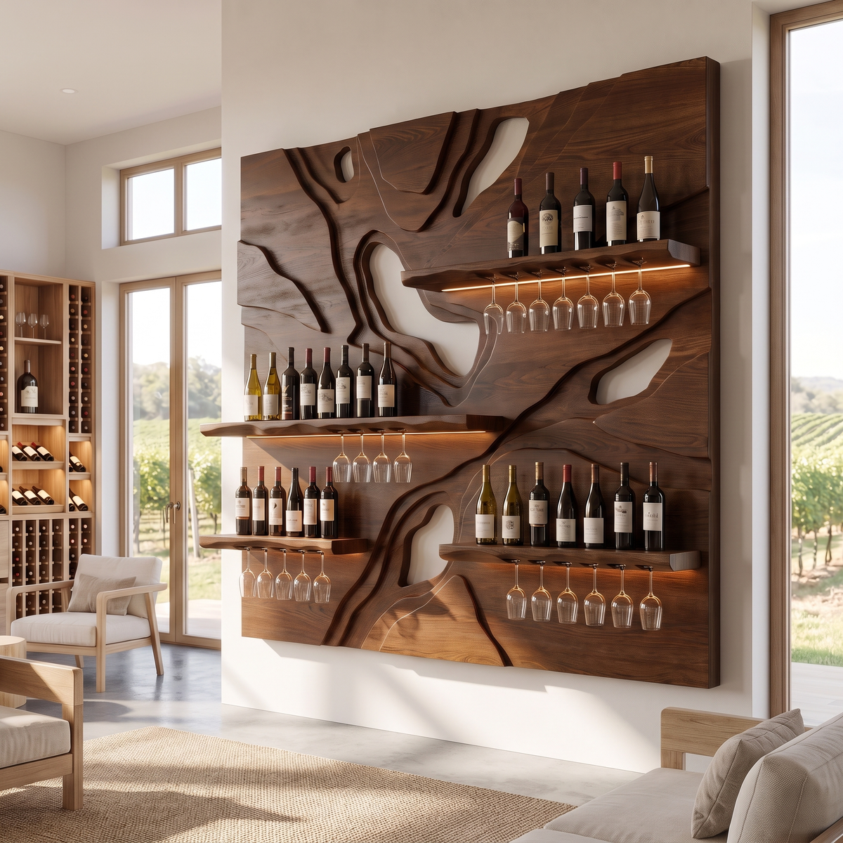 Averune Sculpted Relief-Panel Handcrafted Floating Wine Shelf by Timberustic — Dark Walnut finish