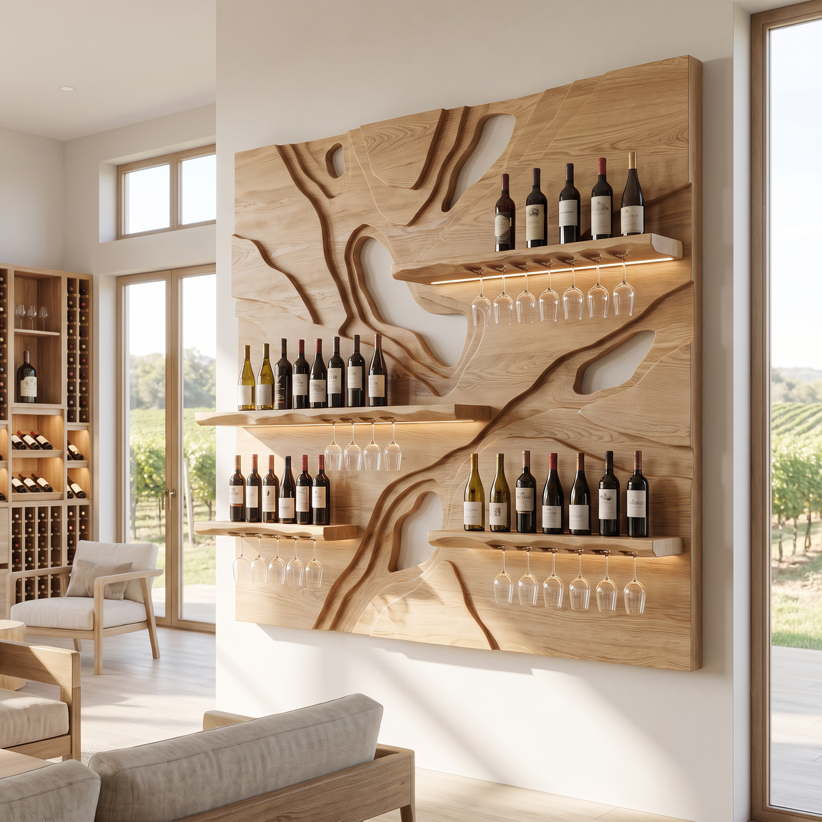 Averune Sculpted Relief-Panel Handcrafted Floating Wine Shelf by Timberustic — Natural Oak finish