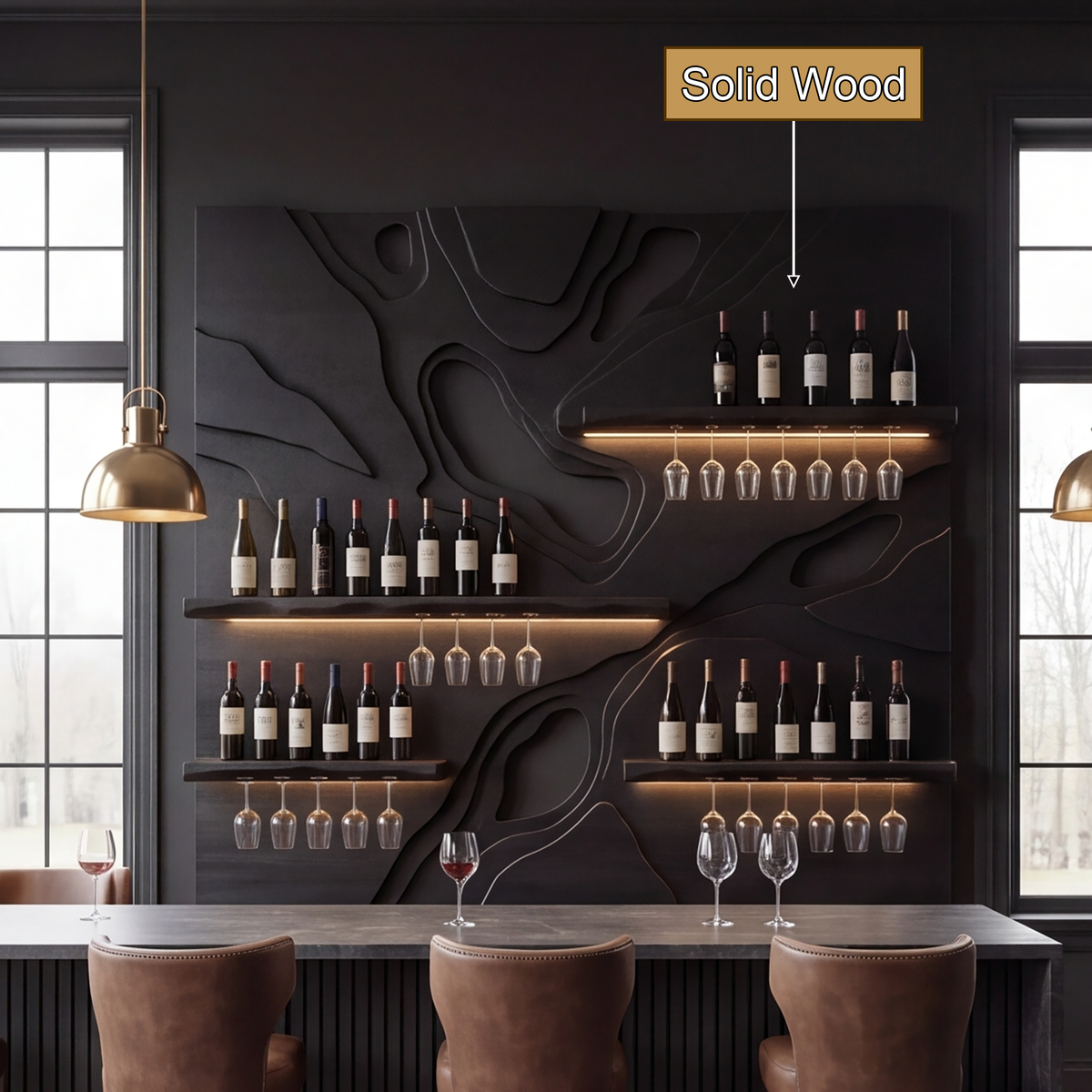 Averune Sculpted Relief-Panel Handcrafted Floating Wine Shelf by Timberustic — solid wood detail