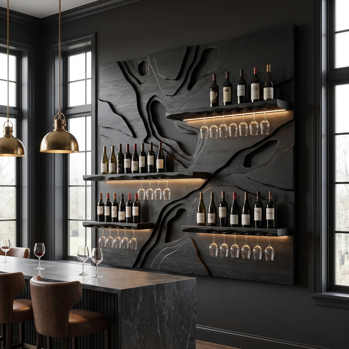 Averune Sculpted Relief-Panel Handcrafted Floating Wine Shelf by Timberustic — overall product view