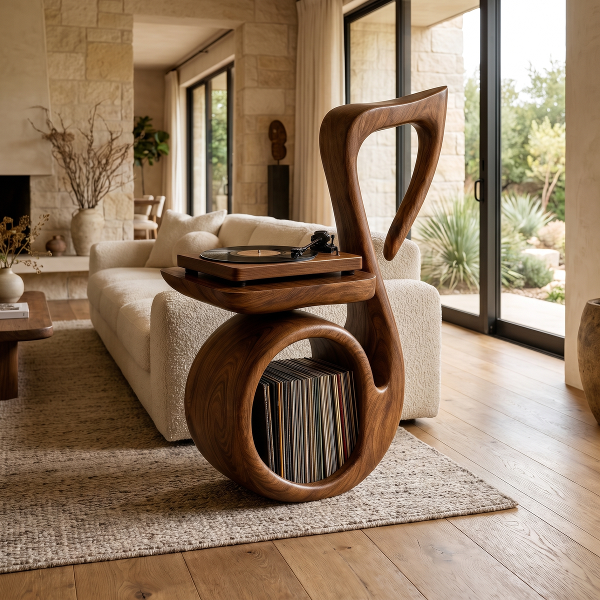 Cadenzia Musical Note Sculpted Handcrafted Record Player Stand With Storage Brown - Timberustic Record Player Stand With Storage