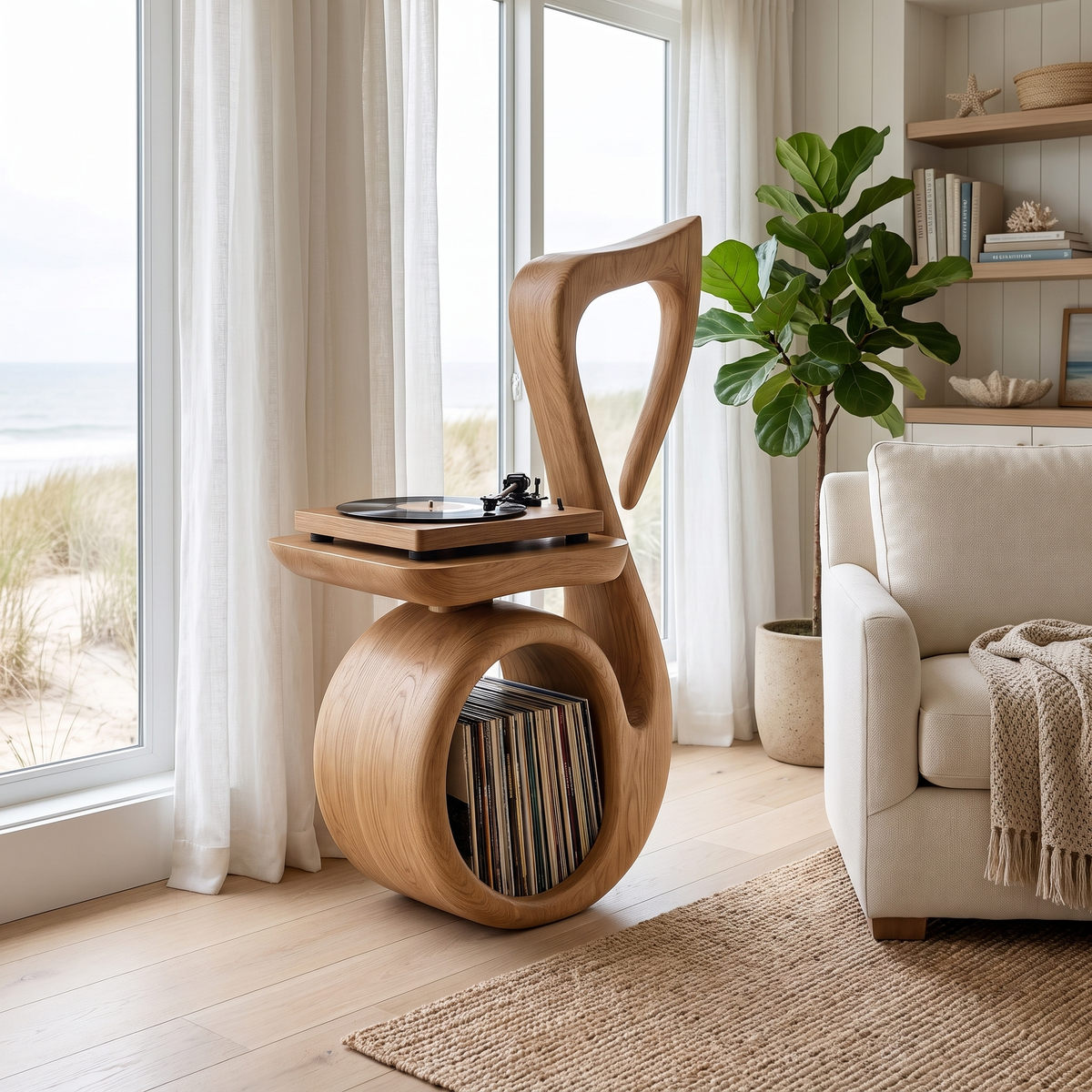 Cadenzia Musical Note Sculpted Handcrafted Record Player Stand With Storage Natural Oak - Timberustic Record Player Stand With Storage