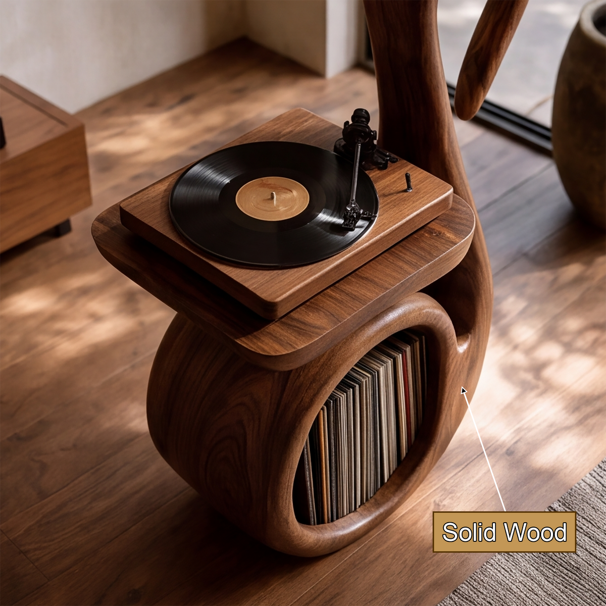 Cadenzia Musical Note Sculpted Handcrafted Record Player Stand With Storage - Timberustic Record Player Stand With Storage