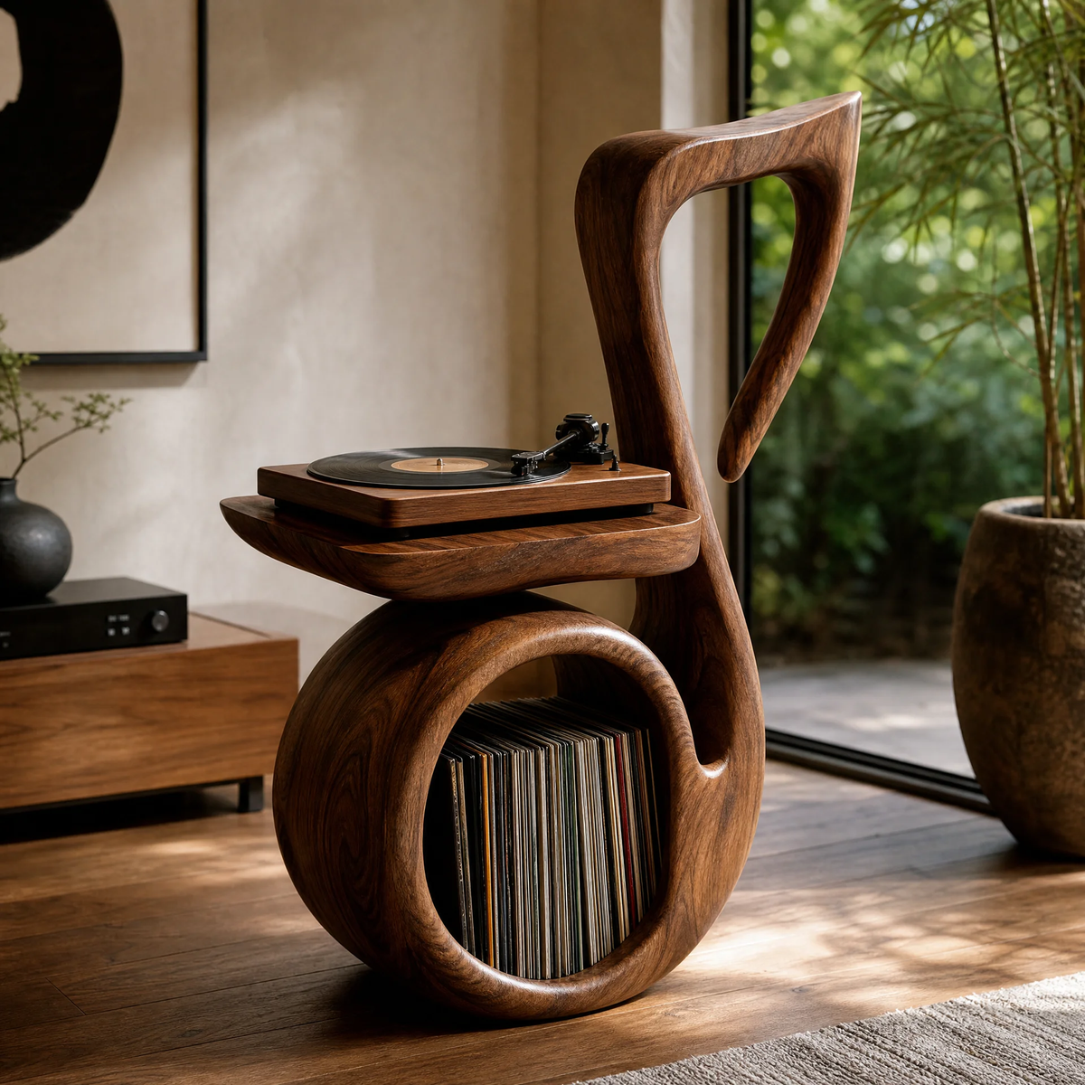 Cadenzia Musical Note Sculpted Handcrafted Record Player Stand With Storage - Timberustic Record Player Stand With Storage