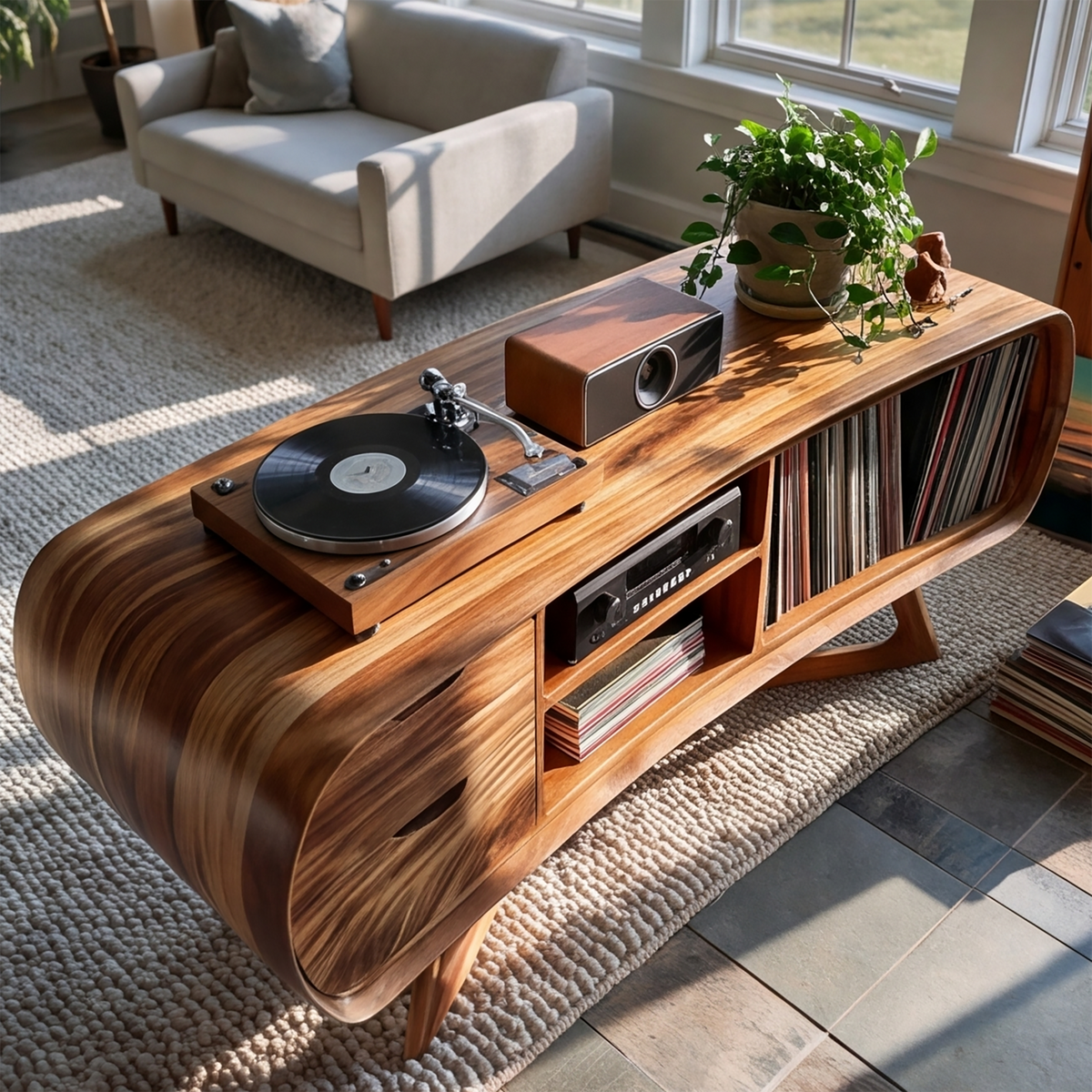Cadovra Rounded Sculpted Handcrafted Record Player Stand With Storage - Timberustic Record Player Stand With Storage