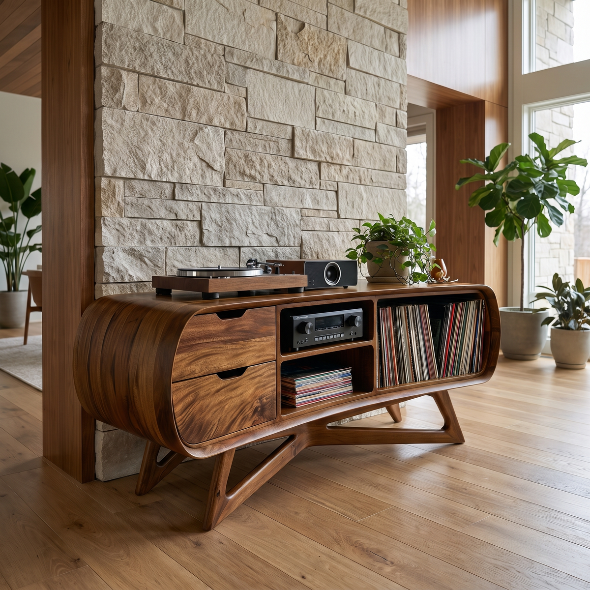 Cadovra Rounded Sculpted Handcrafted Record Player Stand With Storage Brown - Timberustic Record Player Stand With Storage