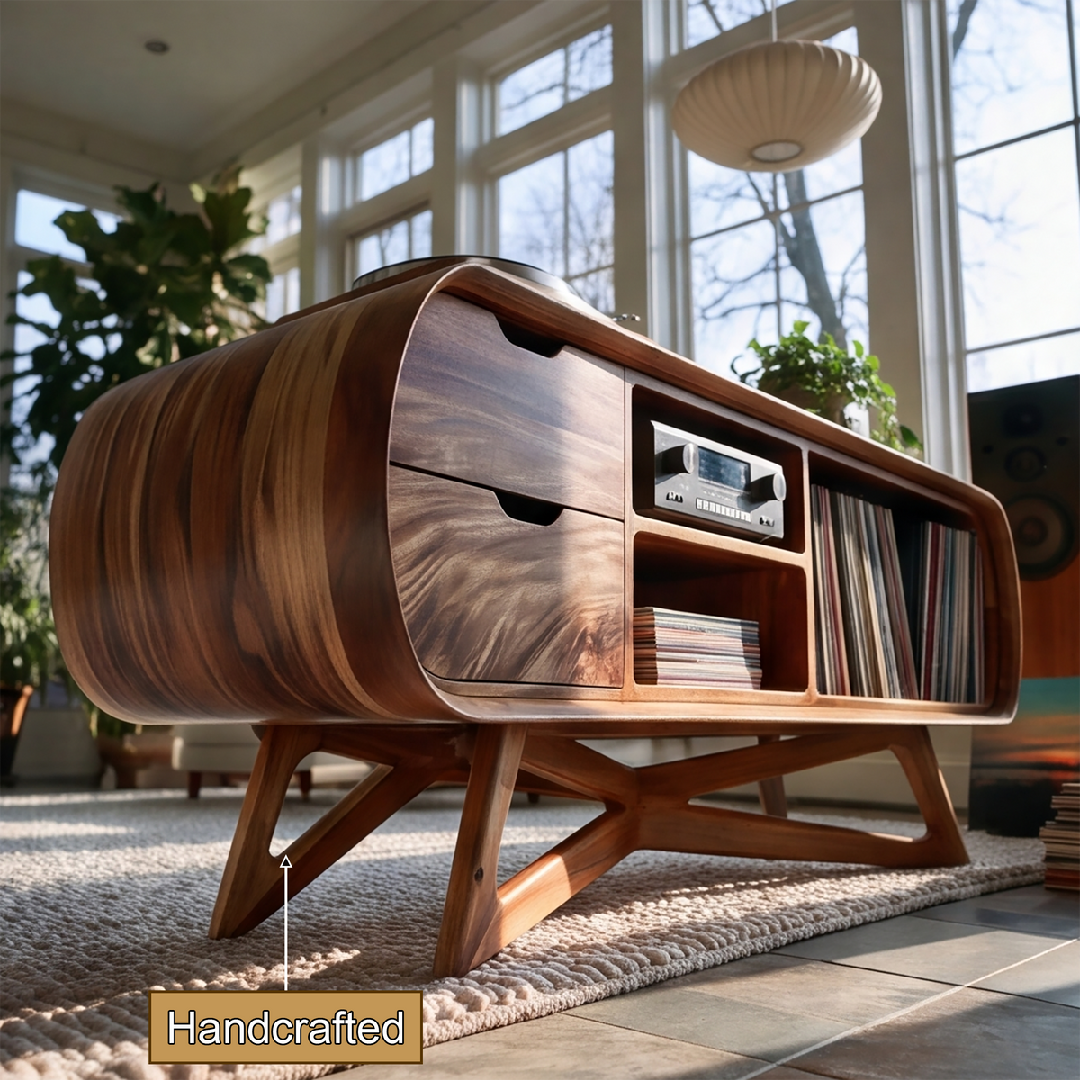 Cadovra Rounded Sculpted Handcrafted Record Player Stand With Storage - Timberustic Record Player Stand With Storage