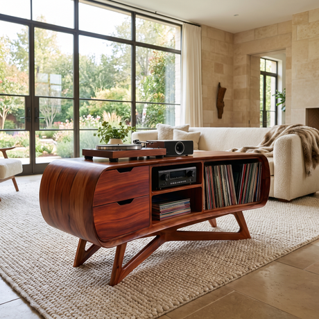 Cadovra Rounded Sculpted Handcrafted Record Player Stand With Storage Mahogany - Timberustic Record Player Stand With Storage