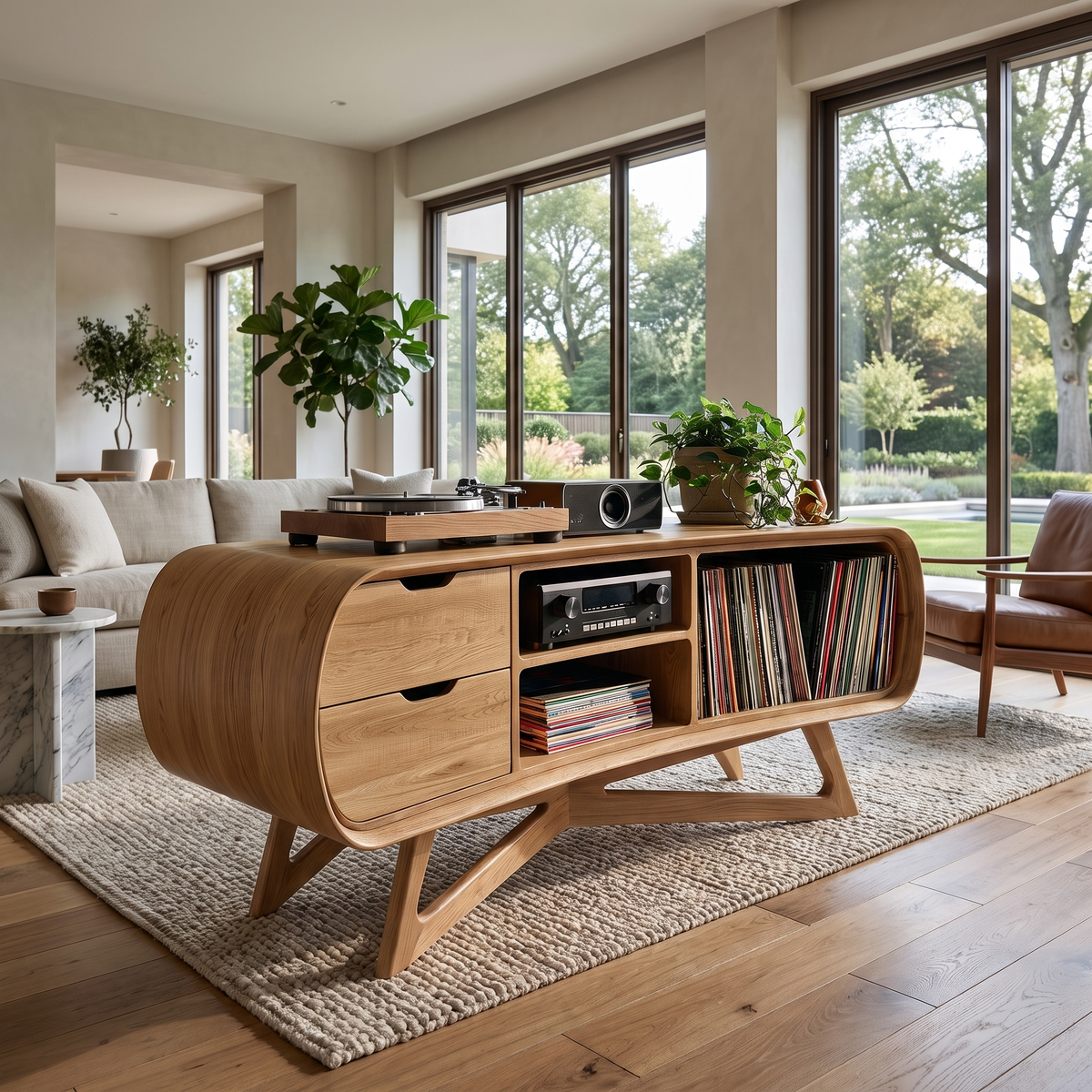 Cadovra Rounded Sculpted Handcrafted Record Player Stand With Storage Natural Oak - Timberustic Record Player Stand With Storage
