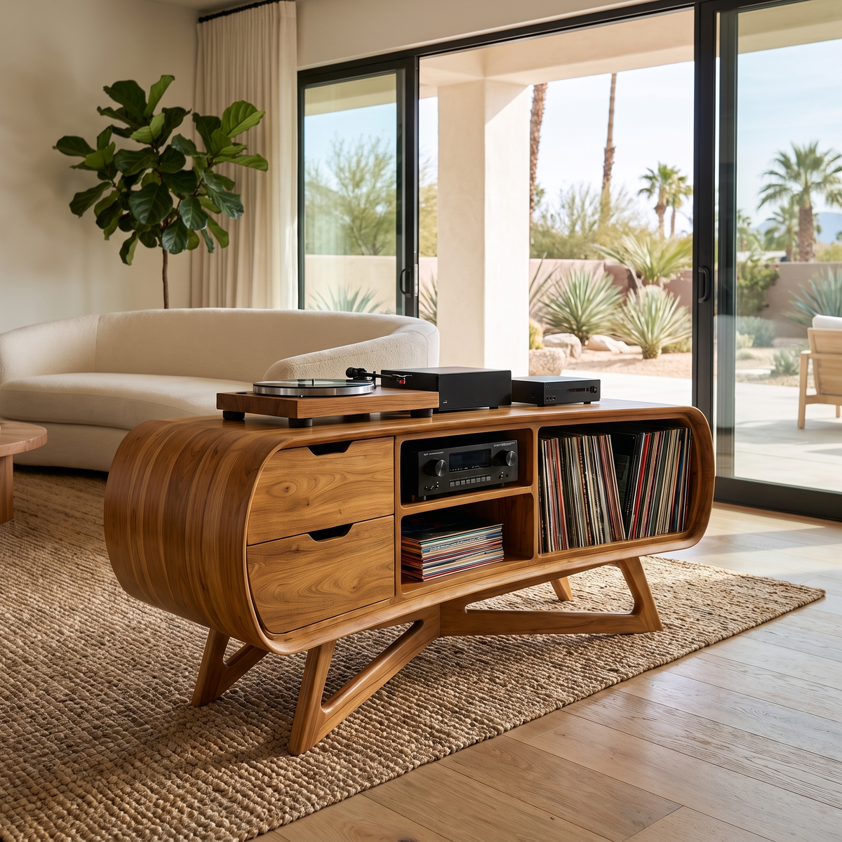 Cadovra Rounded Sculpted Handcrafted Record Player Stand With Storage Teak - Timberustic Record Player Stand With Storage
