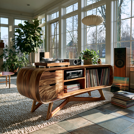 Cadovra Rounded Sculpted Handcrafted Record Player Stand With Storage - Timberustic Record Player Stand With Storage