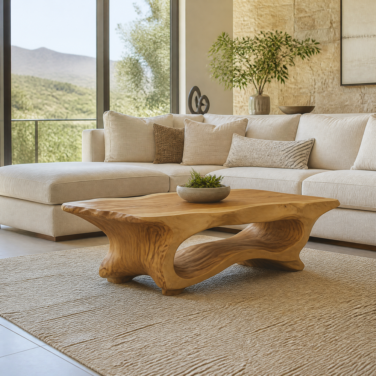 Caelora Live Edge Sculpted Coffee Table by Timberustic — Teak finish