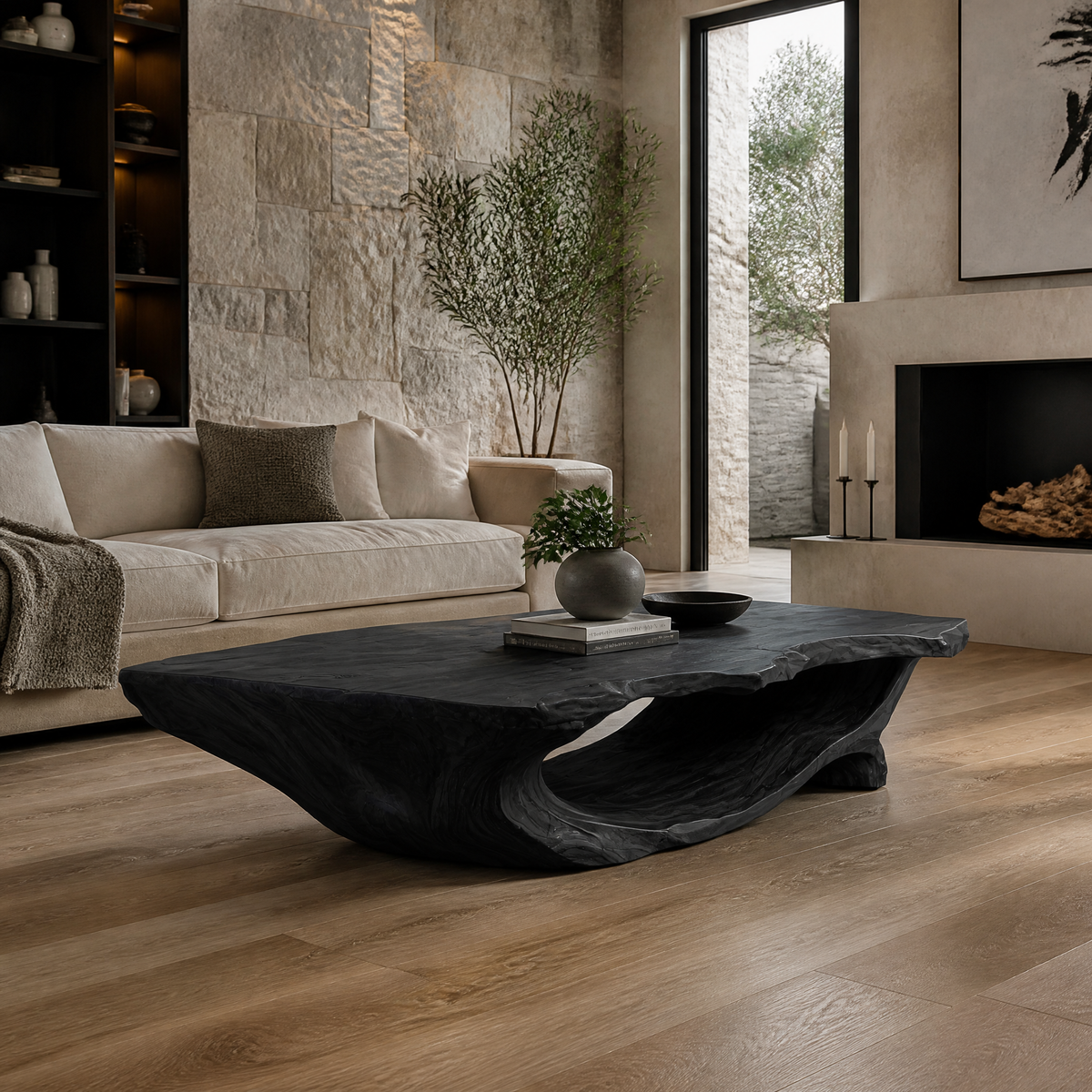 Caelvero Live Edge Sculpted Coffee Table by Timberustic — Black finish